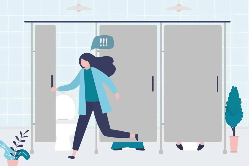 graphic of Urine incontinence Birchfield woman running to the toilet.