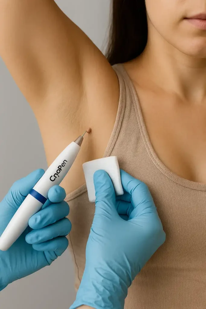 woman having cryopen to remove underarm skin tags Birchfield
