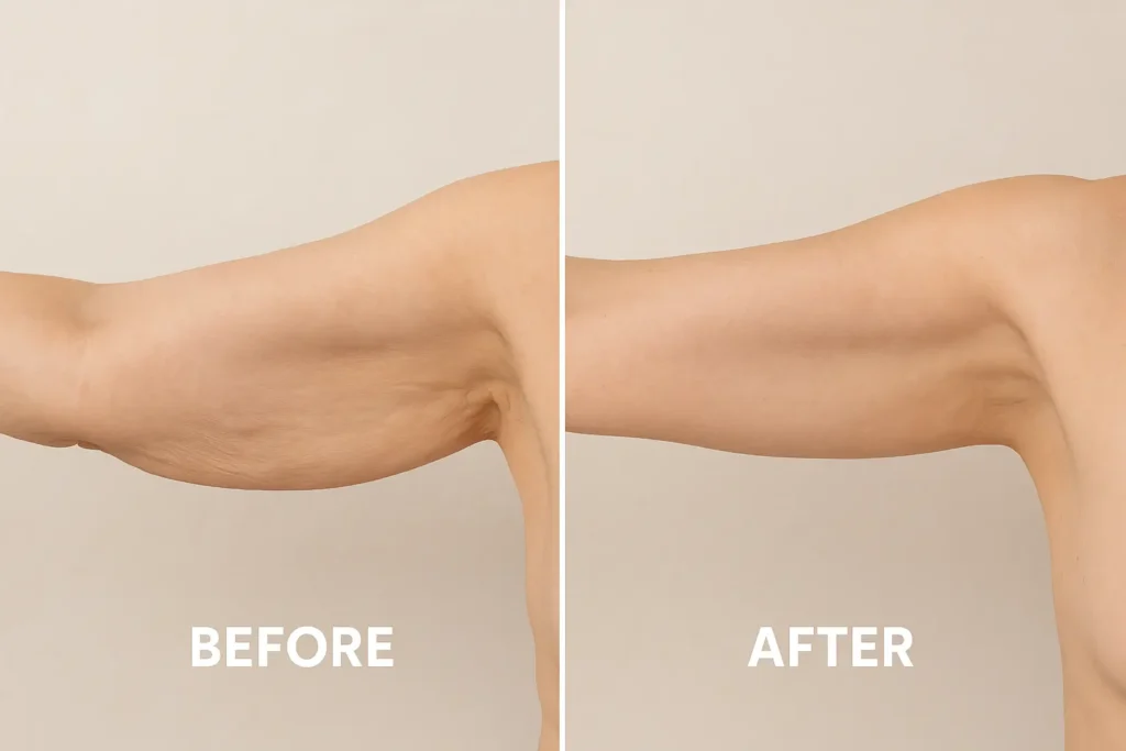 Picture of LA LIPO Birchfield before and after results of skin tightening treatment on the upper arms.