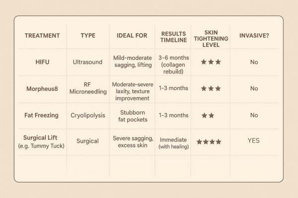 Table showing the comparisons of Skin tightening Birchfield treatment options.